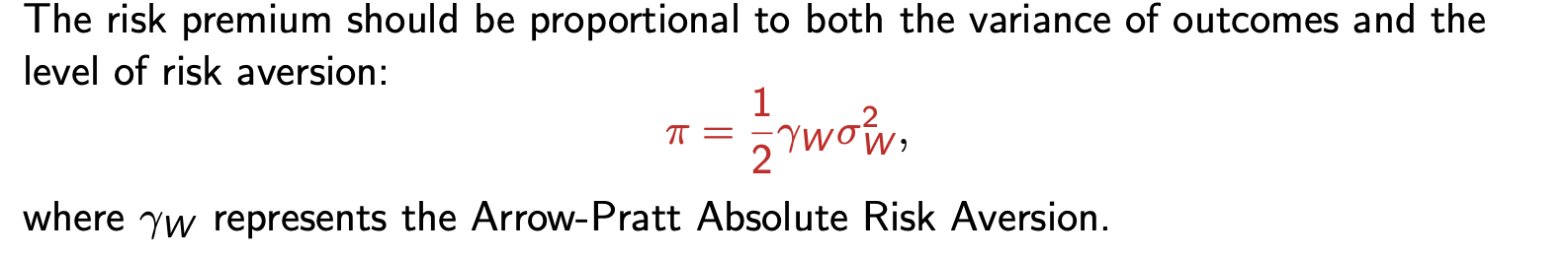 <p>the amount you are willing to give up to avoid the lottery; pi= expected value of lottery - certainty equivalent</p>