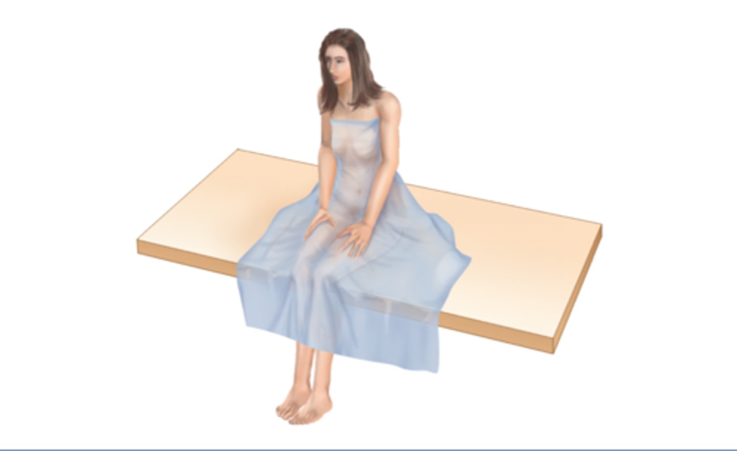 <p>Sitting upright with legs over the side of the examination table</p>