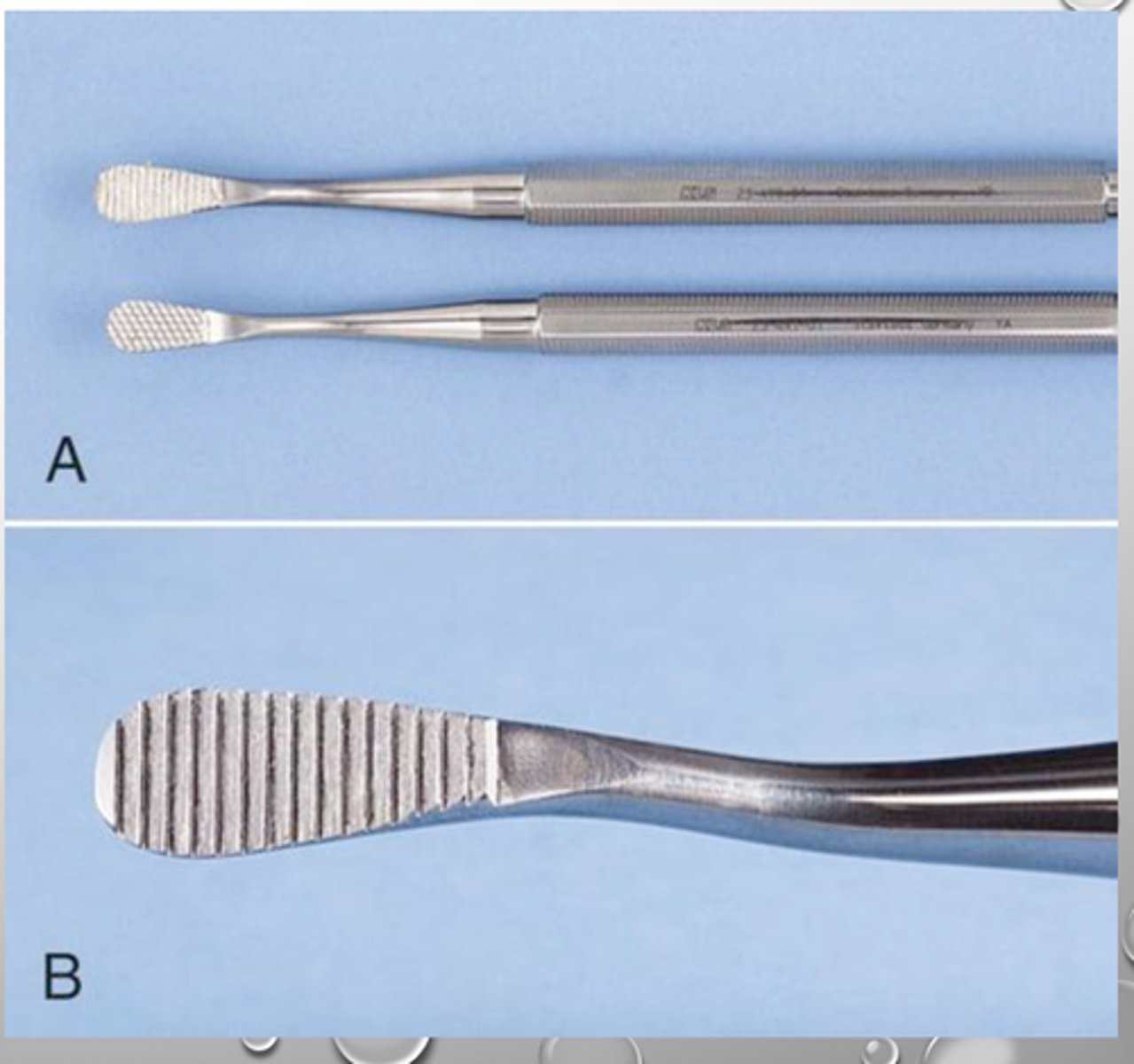 <p>Which OS Bone Removal instrument:</p><p>- Used to SMOOTH bone</p><p>- Double ended instrument with a small and large end &amp; a variety of surfaces (single texture, diamond texture ect)</p><p>- “Push-pull” method → ONLY cuts when you pull towards you</p><p>- Diamond pattern- cuts in both directions</p>