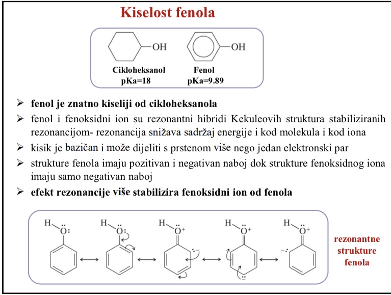 <p>Kisik je bazican i moze dijeliti s prstenok vise nego jedan elektronski par</p><p>Strukture fenola imaju pozitivan i negativan naboj dok strukture fenoksidnog iona imaju samo negativan naboj</p>