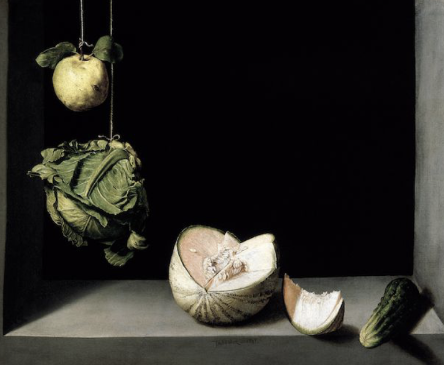 <p>Juan Sánchez Cotán (Spain), Still Life with Quince, Cabbage, Melon, and Cucumber, c. 1602 oil on canvas San Diego Mus. of Art</p>