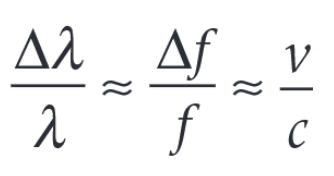<ul><li><p>λ is the source wavelength and Δλ is the change in wavelength recorded by the observer. Units of both are m (metres)</p></li><li><p>f is the source frequency and Δf is the change in frequency recorded by the observer. Unit of both is Hz (Hertz)</p></li><li><p>v is the magnitude of the relative velocity between the source and observer, and c is the speed of light through a vacuum (3.00 x 10<sup>8</sup>m s<sup>-1</sup>). Unit of both is m s<sup>-1</sup> (metres per second)</p></li></ul><p></p>
