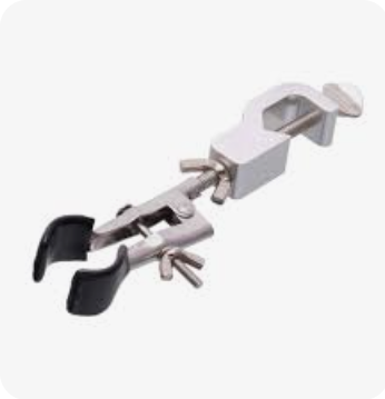 <p>attaches to ring stand, may hold a test tubes in a station position, may support the neck of a flask, holds a burette</p>