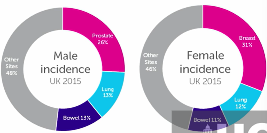 <ul><li><p>breast</p></li><li><p>prostate</p></li><li><p>lung</p></li><li><p>bowel</p></li><li><p>make up 50% of cancers, obi swap the first 2 based on gender</p></li></ul><p></p>