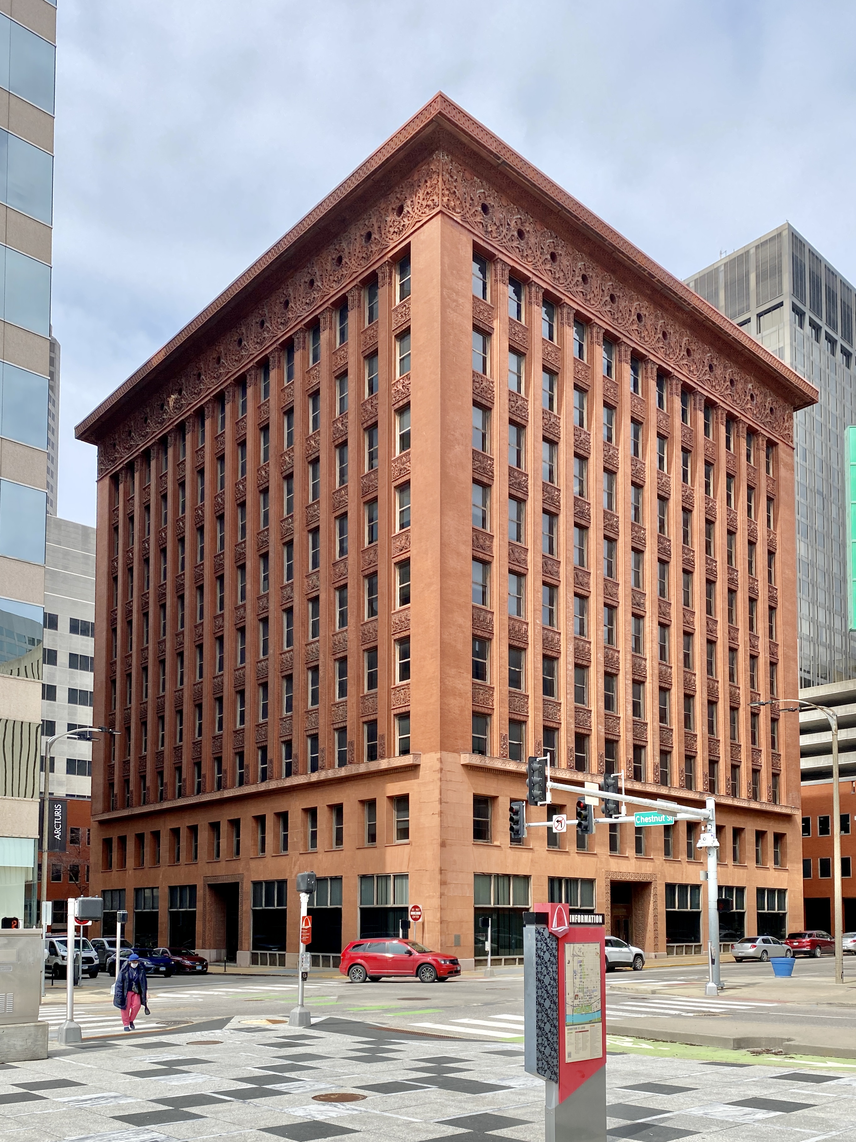 <p>A skyscraper by Louis Sullivan in St. Louis, showcasing a terracotta color scheme, distinct base, fusto, and crown treatment, and American ornamentation, completed in 1891.</p>