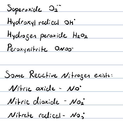 free radicals contain unpaired, reactive free electrons

the free radicals are very reactive and are able to damage several biomolecules

some notable ROS are: