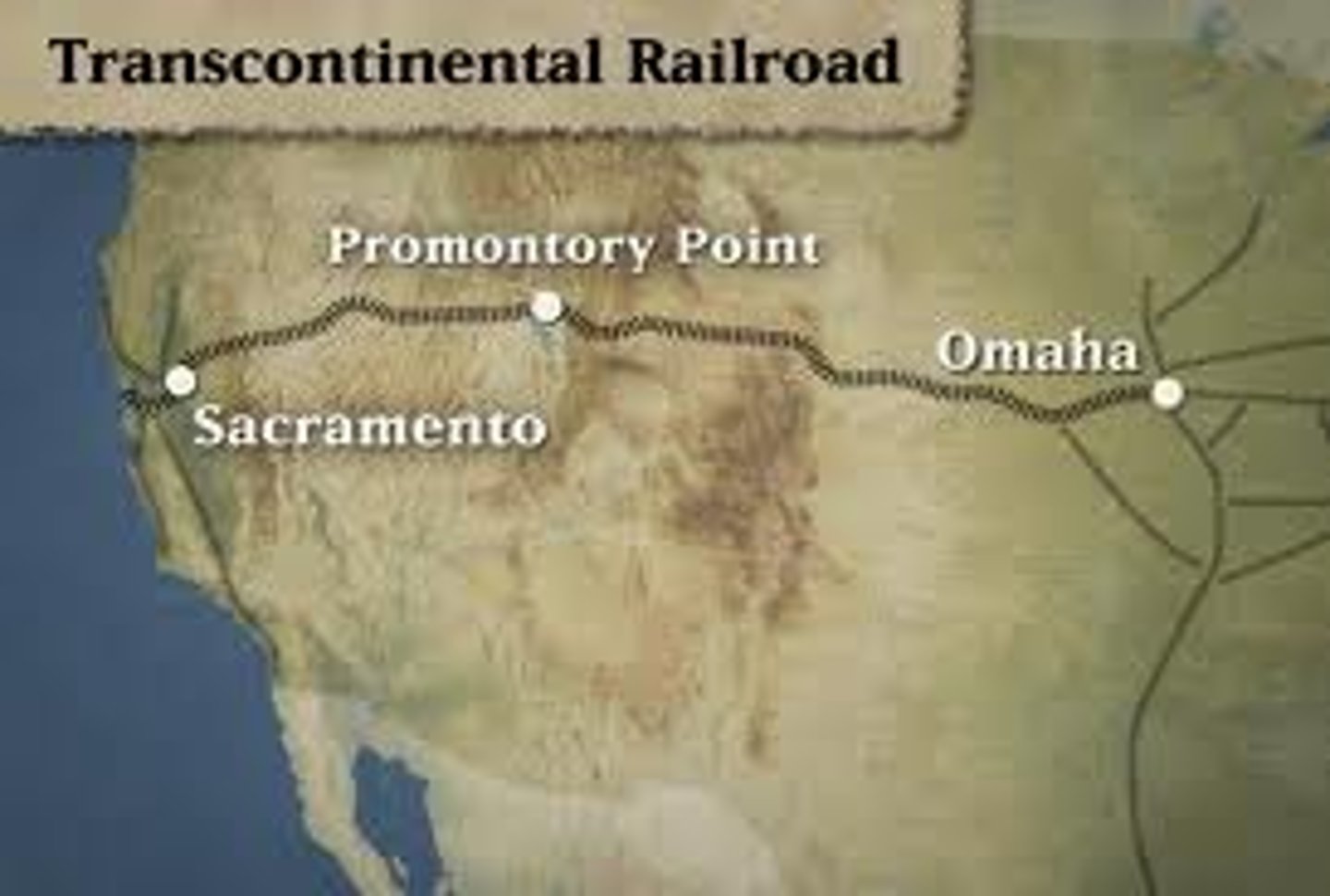 <p>A train route across the United States, finished in 1869. It was the project of two railroad companies: the Union Pacific built from the east, and the Central Pacific built from the west. The two lines met in Utah.</p>