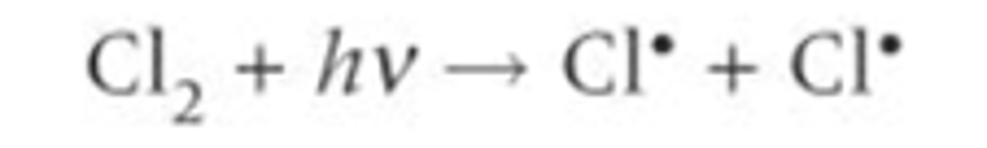 <p>Chlorine radicals are initially formed by the photodissociation of chlorine molecules by homolytic fission. As they are radicals they are highly reactive and quickly react with another substance- initiate a reaction.</p><p>(UV over the arrow)</p>