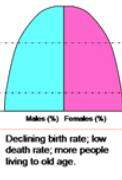 <ul><li><p>(industrial): birth rate declines from stage 2, death is still declining/low</p><ul><li><p>Less population growth than stage 2; birth rates can typically be controlled by contraceptives</p></li><li><p>Avg. life expectancy increases &amp; mortality rates stabilize</p></li></ul></li></ul>