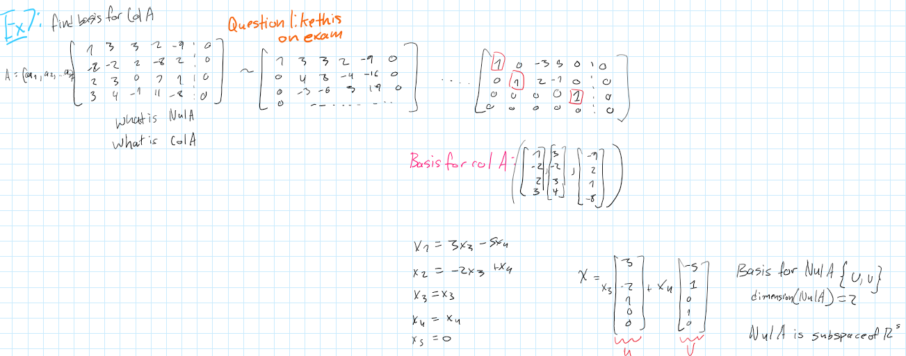 <p>Row reduce and find all the solutions for x in Ax=0. Write out your general solution and the vectors in that solution make up your basis.</p>