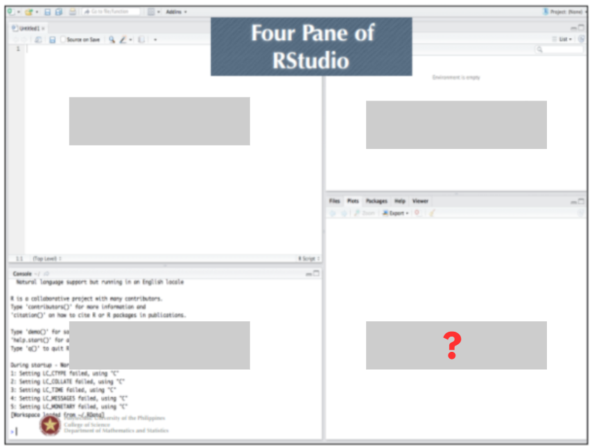 <p><strong>(RStudio)</strong></p><p>This is used to display plots, help files, files in the working directory, and installed packages.</p>
