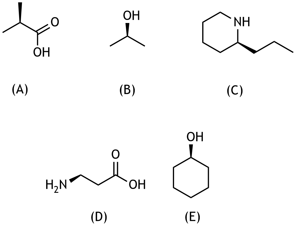 <p>59. Which of the following chemical compounds is optically active?</p><p>A. (A)</p><p>B. (B)</p><p>C. (C)</p><p>D. (D)</p><p>E. (E)</p>