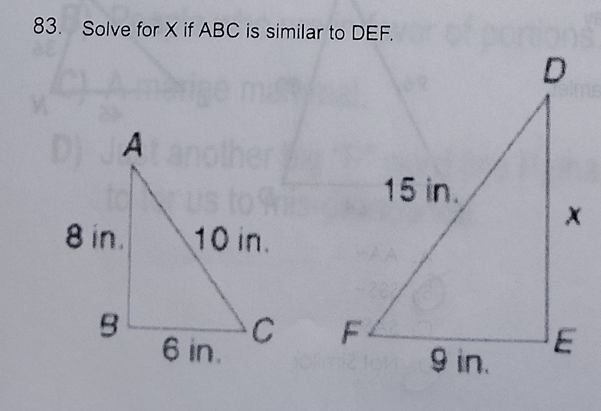 <p>Solve for x if ABC is similar to FEF</p>