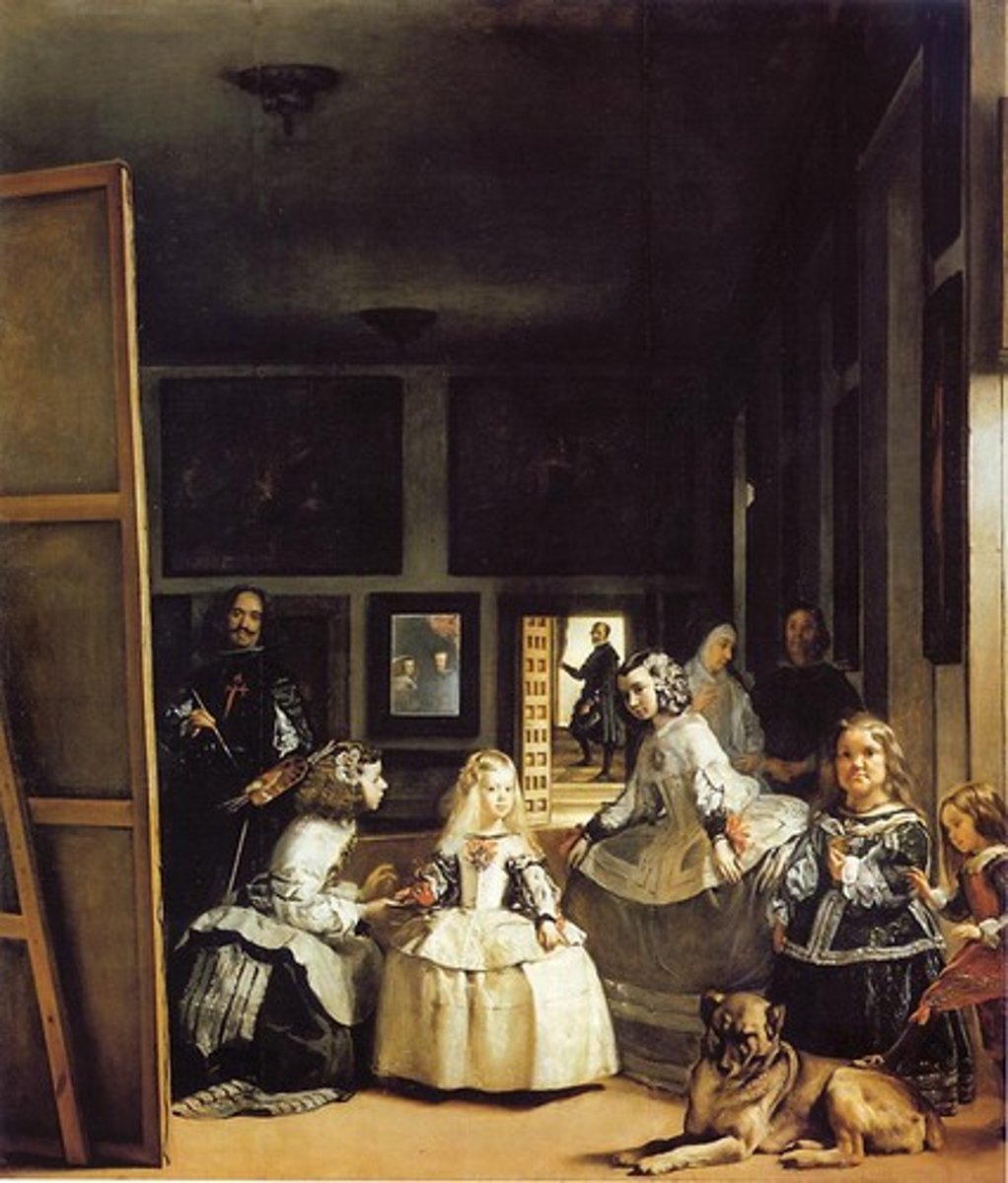 <p>Las Meninas shows Velazquez painting a portrait of the king and queen. The viewer is the king a queen. He put himself in this painting as a commentary on the status of the artist.</p>