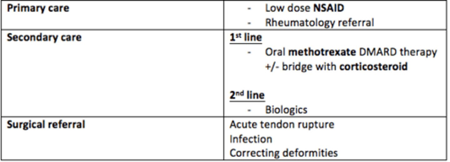 <p>The aim of management of RA is to manage pain, improve functioning & prevent deformities </p><p>Primary care</p><p>- Low dose NSAIDs</p><p>- Rheumatology referral</p><p>Secondary care</p><p>- 1st line = oral methotrexate DMARDs & bridge with corticosteroids</p><p>- 2nd line = biologics </p><p>Surgical referral</p><p>- Acute tendon rupture</p><p>- Infection</p><p>- Correcting deformities </p>