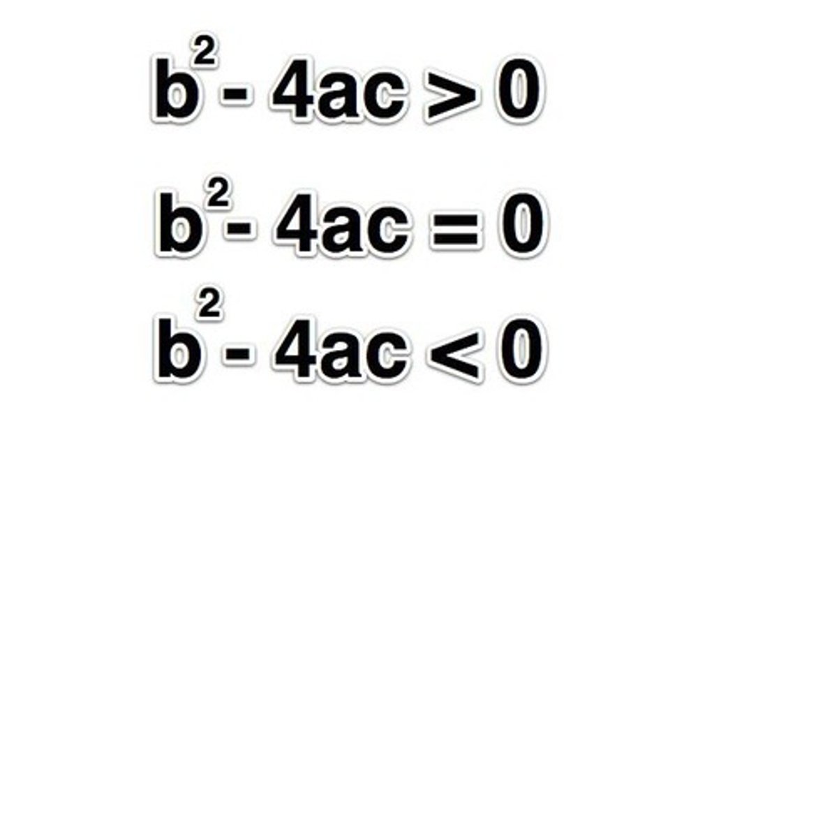 <p>b^2-4ac</p><p>If positive = 2 real solutions</p><p>if 0 = 1 real solution</p><p>if negative = 0 real solutions</p>