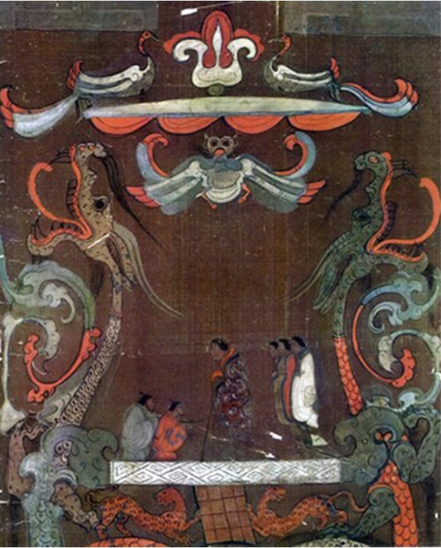 <p>Ascension and rejuvenation after death</p><p>Lady Dai standing upright while leaning on a cane, female attendants (standing behind her) and servants sitting or kneeling in front of her</p>