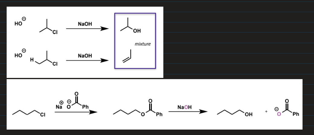 <ul><li><p>1 step with OH easier/faster except for competition with E2</p></li><li><p>where E2 is a problem, 2 step conversion with carboxylate is used</p></li></ul><p></p>