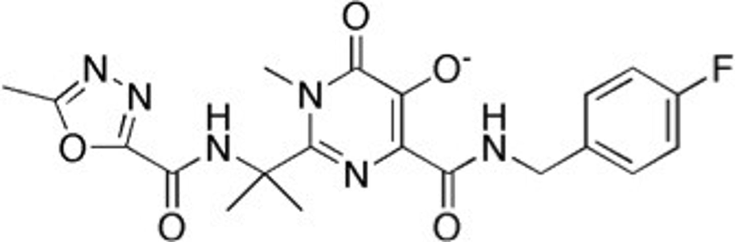 <p>inhibits HIV integrase through metal chelation</p>