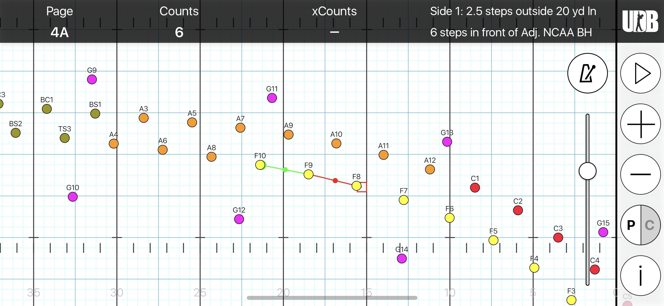 <p>STS: Side 1, 2.5 steps outside of 20 yd ln</p><p>FTB: 6 steps in front of BH</p><p>SS: 9 to 5 for 6 counts</p><p>XC: N/A</p>