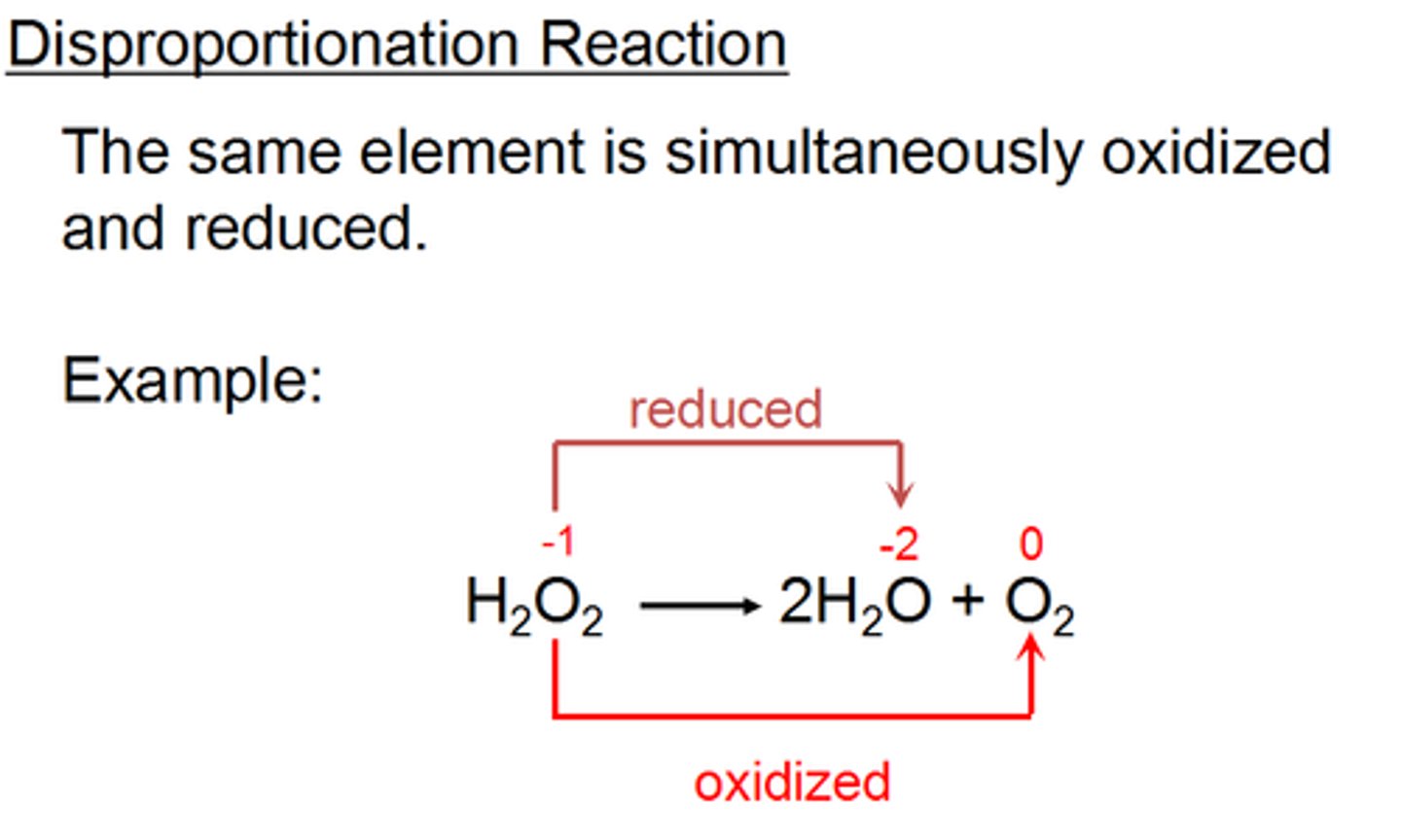 <p>In a disproportionation reaction, a single element is both oxidized and reduced.</p>