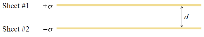 <p><span><span>Two infinite plane sheets with uniform surface charge densities</span></span><br>+σ <span><span>and -</span></span>σ <span><span>are placed parallel to each other with separation d.</span></span><br><span><span>In the region between the sheets, where does the total electric</span></span><br><span><span>field have the greatest magnitude?</span></span></p><p><span><span>A. at the lower surface of sheet #1</span></span></p><p><span><span>B. at the upper surface of sheet #2</span></span></p><p><span><span>C. halfway between the two sheets</span></span></p><p><span><span>D. both A and B</span></span></p><p><span><span>E. none of the above</span></span></p>