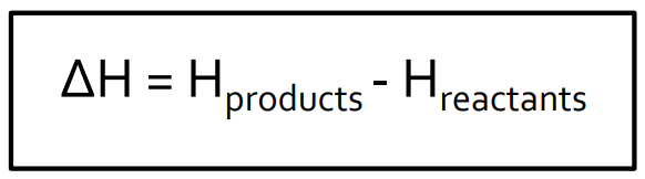 <p>The enthalpy change for a reaction is the difference between the enthalpies of the reactants and products.</p><p><strong>Units:</strong> Kilojoules per mole (KJmol−1 ) <br>Joules per mole (J mol−1 ) <br>Kilojoules per gram (KJ g −1 ) <br>→ KJmol−1 can be converted to KJ g −1 by dividing by the molar mass</p>