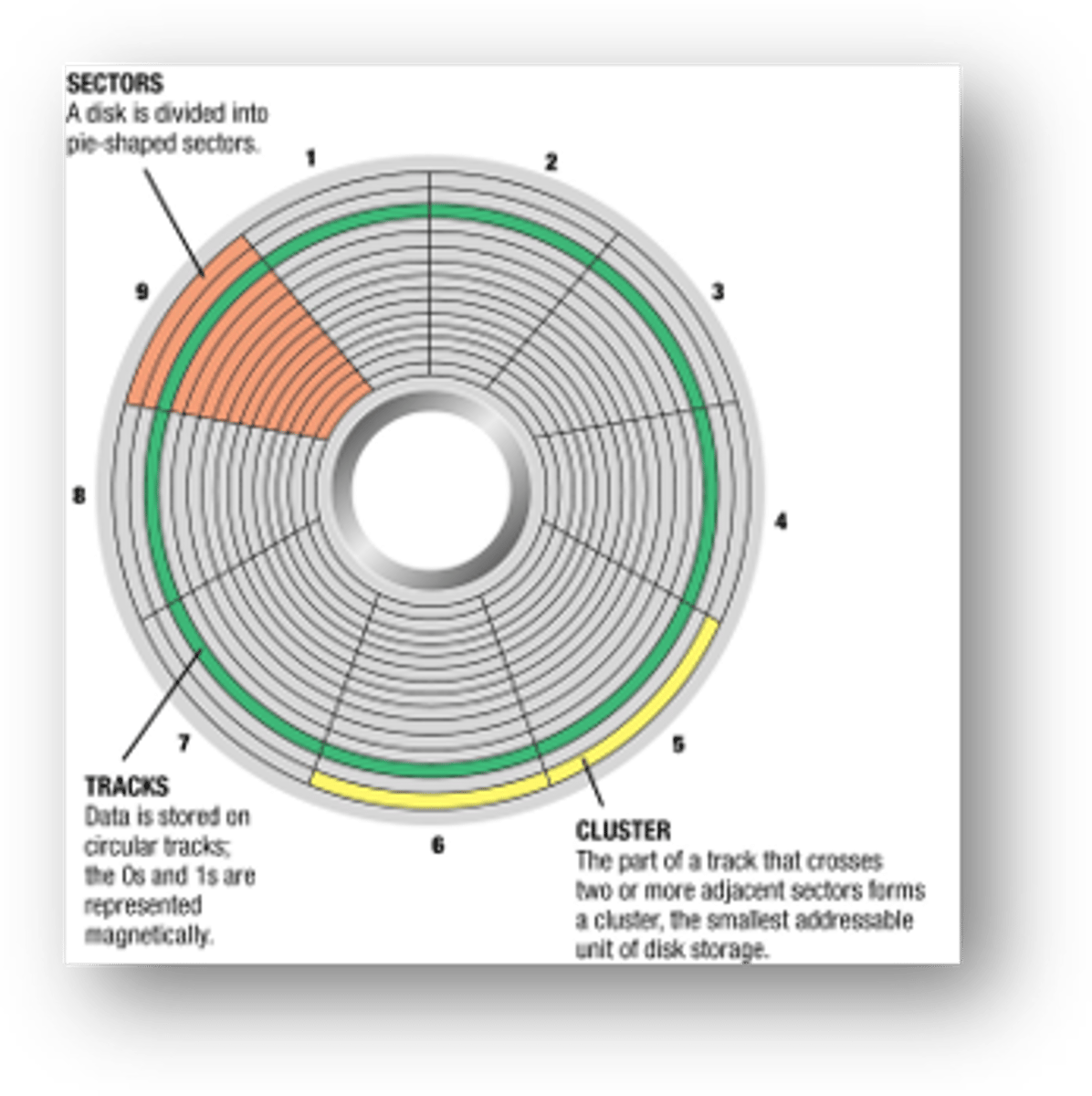 <p>Magnetic storage devices include the internal hard disk as well as floppy disks.<br>These disks are round and are divided into tracks and sectors:<br>Tracks<br>Clusters<br>Sectors</p>