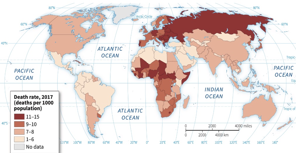 <p>Also known as mortality rate. The annual (yearly) number of deaths per 1,000 people in a population</p><ul><li><p><strong>NO </strong>direct connection with development!!</p></li></ul><p></p>