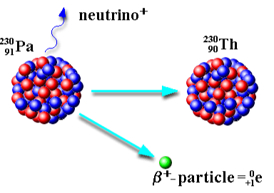 <p>What is positron emission? (beta plus decay)</p><p><strong>Is caused by a proton converting to a neutron.</strong></p><p>Keep in mind:&nbsp;</p><table style="min-width: 75px;"><colgroup><col style="min-width: 25px;"><col style="min-width: 25px;"><col style="min-width: 25px;"></colgroup><tbody><tr><td colspan="1" rowspan="1" style="border-width: 1pt; border-style: solid; border-color: rgb(0, 0, 0); vertical-align: top; padding: 5pt; overflow: hidden; overflow-wrap: break-word;"><p><span style="background-color: transparent;">Symbol</span></p></td><td colspan="1" rowspan="1" style="border-width: 1pt; border-style: solid; border-color: rgb(0, 0, 0); vertical-align: top; padding: 5pt; overflow: hidden; overflow-wrap: break-word;"><p><span style="background-color: transparent;">Change in Mass #</span></p></td><td colspan="1" rowspan="1" style="border-width: 1pt; border-style: solid; border-color: rgb(0, 0, 0); vertical-align: top; padding: 5pt; overflow: hidden; overflow-wrap: break-word;"><p><span style="background-color: transparent;">Change in Atomic #</span></p></td></tr><tr><td colspan="1" rowspan="1" style="border-width: 1pt; border-style: solid; border-color: rgb(0, 0, 0); vertical-align: top; padding: 5pt; overflow: hidden; overflow-wrap: break-word;"><p>β+</p></td><td colspan="1" rowspan="1" style="border-width: 1pt; border-style: solid; border-color: rgb(0, 0, 0); vertical-align: top; padding: 5pt; overflow: hidden; overflow-wrap: break-word;"><p><span style="background-color: transparent;">0</span></p></td><td colspan="1" rowspan="1" style="border-width: 1pt; border-style: solid; border-color: rgb(0, 0, 0); vertical-align: top; padding: 5pt; overflow: hidden; overflow-wrap: break-word;"><p><span style="background-color: transparent;">-1</span></p></td></tr></tbody></table><p></p>