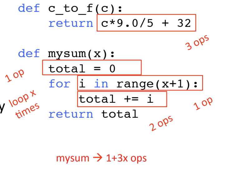 <ul><li><p>assume that mathematical operations, comparisons, assignments, and accessing objects in memory are all steps that take constant time </p></li><li><p>then count the number of operations executed as function of size of input </p></li></ul><p></p>