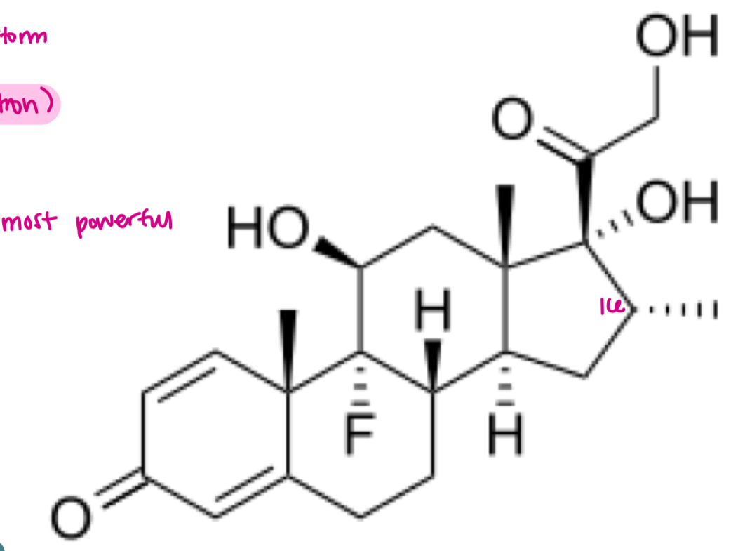 <p>- 16 a methyl group increases stability, anti inflammatory activity, lipophilicity and receptor affinity </p><p>- used in COVID-19 therapy</p>