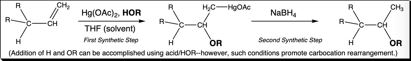 <p>Intermediates: </p><p></p><p>Step 1: Hg(OAc)2, HOR, THF(solvent) </p><p></p><p>Step 2: NaBH4 </p>
