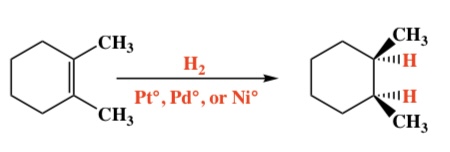 <p>Intermediate: Alkene bonds to metal surface Regiochemistry: N/A Stereochemistry: Syn</p>