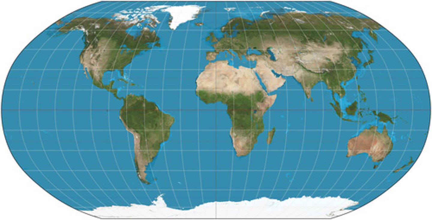 <p>The lines of latitude and longitude almost intersect at right angles except near edges.</p><p>Useful projection for display of oceans but land masses are distorted.</p>