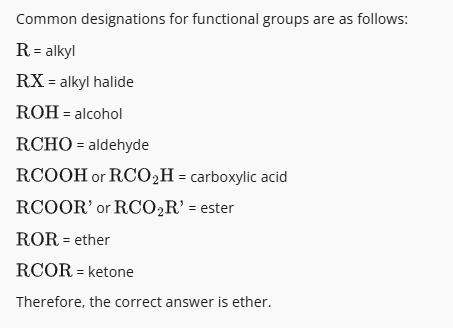 <p>Ester</p><p></p><p>Need to know:<br>ROH = Alcohol </p><p>RCOOH = carboxylic acid</p><p>RCOOR’ = ester<br></p><p>for carboxylic acid, ester</p>
