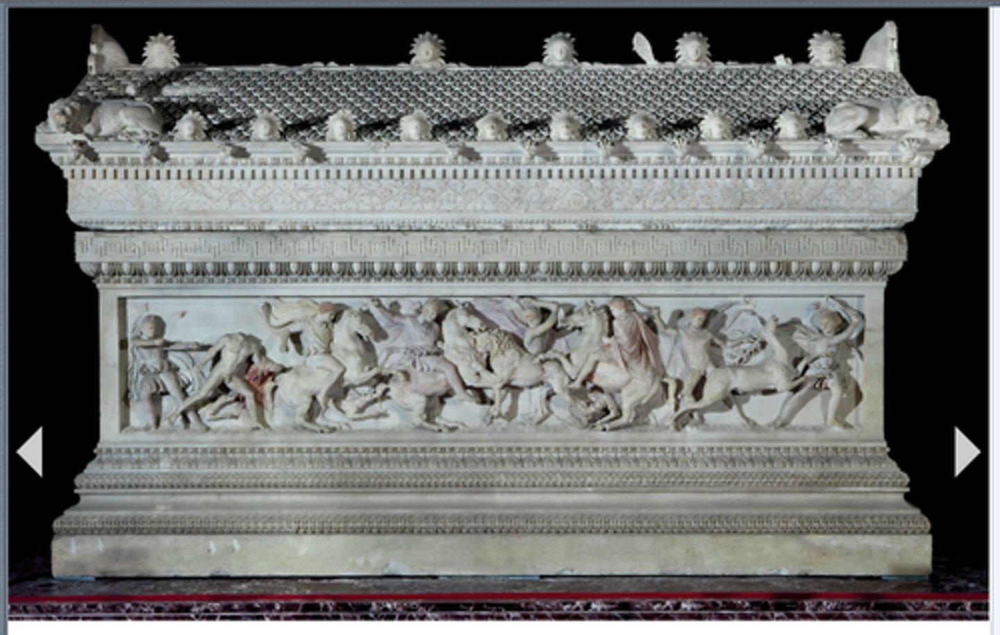 <p>- Very elaborate tomb for a local ruler appointed by Alexander (these people hated the Persians and wanted Alexander's help to drive them out)</p><p>- Shaped like a Greek temple: frieze, pediment, relief carving all around</p><p>- content: Battle of Isis (how this local ruler came into power), Hunting Scene (kill large animals to show power, persians &amp; greeks working together)</p>