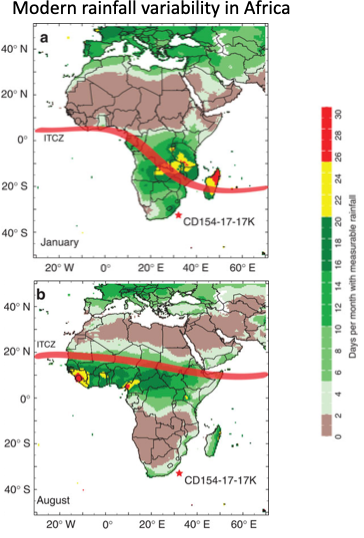 <ul><li><p>Freshwater fluxes, ice sheet surges in north Atlantic (Heinrich events)</p></li><li><p class="MsoListParagraphCxSpMiddle">Southerly migration of ITCZ over Africa</p></li><li><p class="MsoListParagraphCxSpMiddle"><span style="line-height: normal; font-size: 7pt;"><span> </span></span>Cooler but drier climate</p></li><li><p class="MsoListParagraphCxSpMiddle">Changes in African vegetation cover, Sahel</p></li><li><p class="MsoListParagraphCxSpMiddle"><span style="line-height: normal; font-size: 7pt;"><span>&nbsp; </span></span>North, east and west Africa uninhabitable</p></li><li><p class="MsoListParagraphCxSpMiddle">Driver for homo sapiens ‘out of Africa’ dispersal?</p></li><li><p class="MsoListParagraphCxSpMiddle">Carto et al (2009, j human evolution)</p></li></ul><p></p>