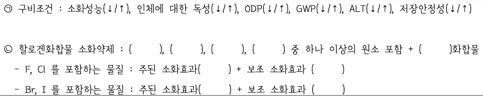 <p><strong>4. 비수계 소화약제</strong></p><p><strong>③ 할로겐화합물 및 불활성기체 소화약제</strong></p><p><strong>—</strong></p><p>구비조건, 할로겐화합물 소화약제</p>