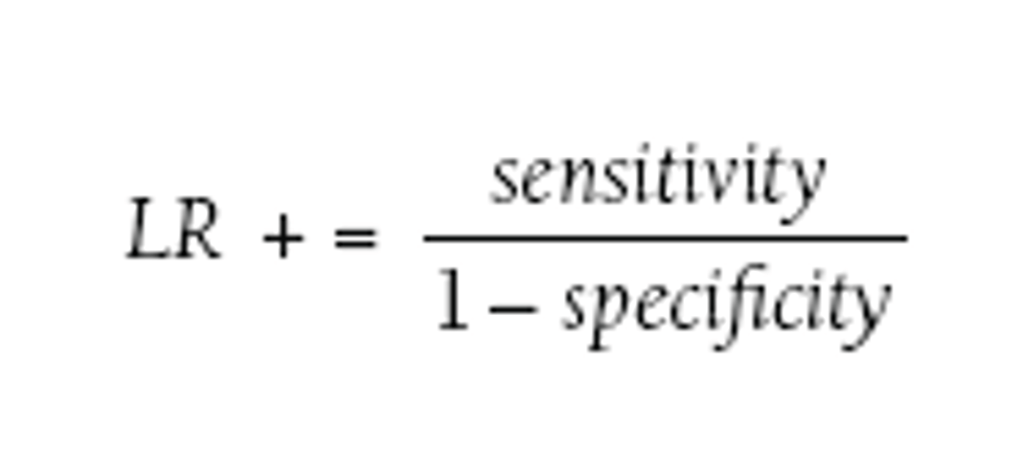 <p>positive likelihood</p><p>A larger LR+ (such as LR > 10) indicates a good test.</p>