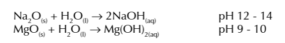 <p>so Na + water produces a more alkaline solution that Mg + water as more OH- are released w NaOH</p>