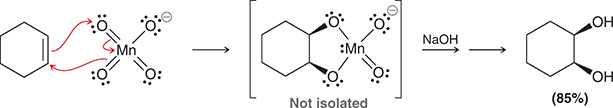 <p>Treating an alkene with these reagents gives syn addition of OH and OH across the alkene.</p><p>(syn-dihydroxylation)</p>