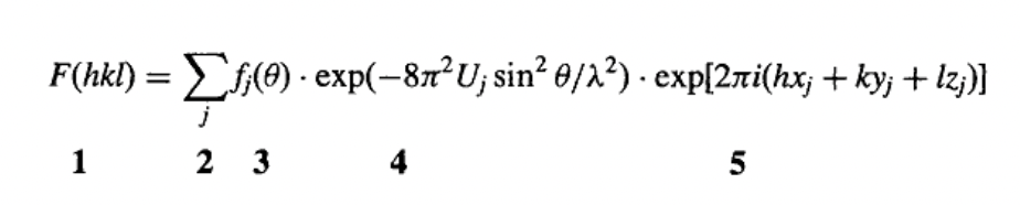 <p>2, 3, 4 = sum of the scattered x-rays</p><p>5 = scattered waves from each atom have different relative phases in direction hkl which depends on positions of atoms</p>