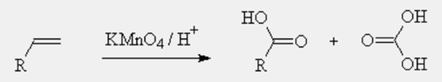 <p>-Reagents: potassium permanganate (KMnO4) under acidic/neutral condition (H+)</p><p>-Oxygen inserts into all former vinylic C-H bonds</p>