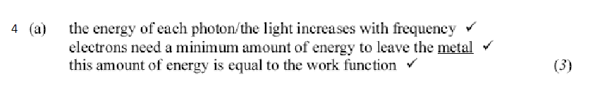 <p>the energy of each photon/the light increases with frequency.</p><p>electrons need a minimum amount of energy to leave the metal. </p><p>this amount of energy is equal to the work function.</p>