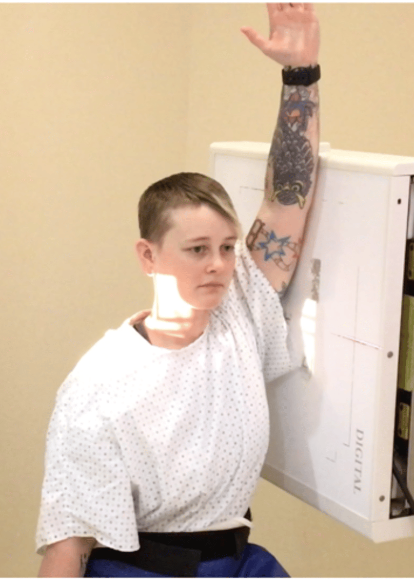 <p>Pt Placement: sitting with arm closest to bucky raised, scoot chair closer to bucky to make sure they have good contact</p><p>Measure: underneath arms side to side</p><p>Collimation: 8x10</p><p>CR Placement: C7/T1</p><p>Tube tilt: none</p><p>SID: 40"</p><p>Breathing: DBDM</p>
