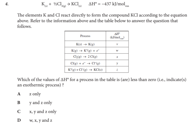<p>Which of the values of ΔH° for a process in the table is (are) less than zero (i.e., indicate(s) an exothermic process) ?</p>