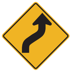 The road will curve to the right, then to the left. Slow your speed and do not pass other vehicles. 
