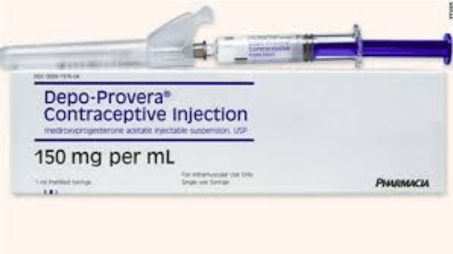 <p>Depo-pavera</p><p>-Hormonal</p>
