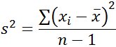 <p>the population variance (sigma squared) is estimated by the sample variance (s²)</p><p>xi - xbar: subtracting the mean from the observation; value may be negative; gives you the deviation from the mean<br>(xi - xbar)^2: square the deviation, so all values are positive<br>sum all squared deviations<br>s^2 = (1/n-1)(sum of all squared deviations)</p>